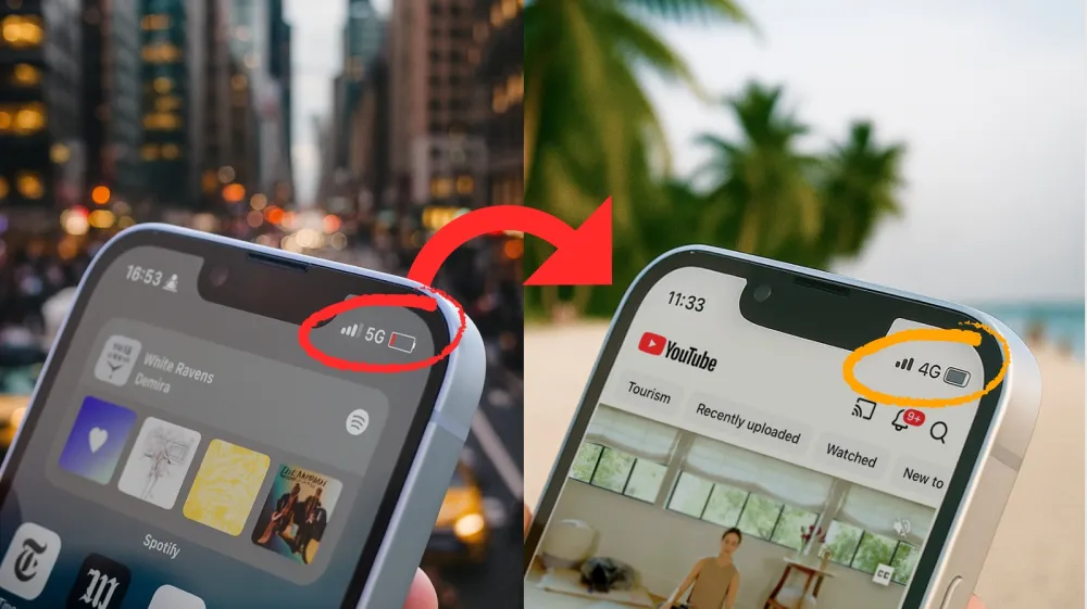 3 split view mobile screen 5G city vs 4G beach